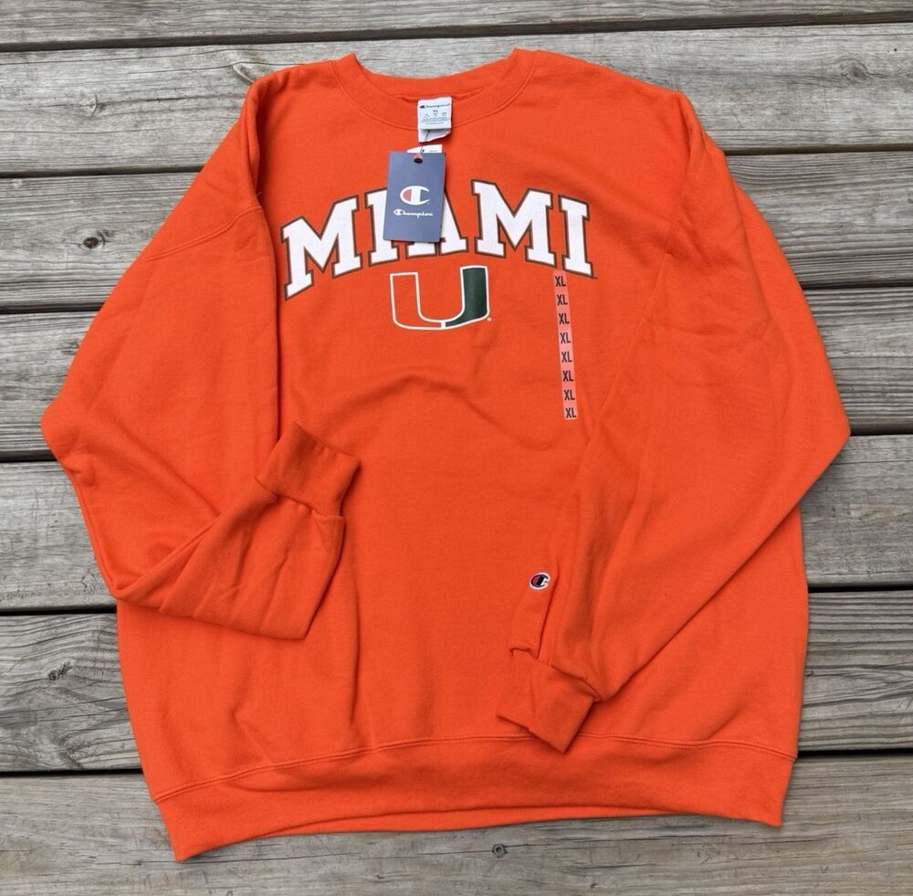 UM University of Miami CHAMPION Crew Neck Sweatshirt ORANGE Size XL NWT